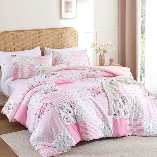 YIKUSH 3-Piece Pink Floral Queen Comforter Set 90x90 All-Season Bedding