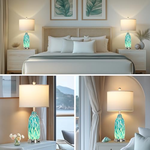 Peacock Green Glass Table Lamps Set of 2 with USB Ports & Night Light - Coastal Nautical Bedside Lamps