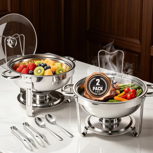 PRESGO 2 Pack Stainless Steel Buffet Chafing Dishes 5QT with Tongs & Spoons, Silver