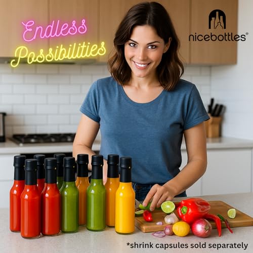 Nicebottles 5 Oz Hot Sauce Bottles, 48 Pack - Clear Glass with Caps & Drippers