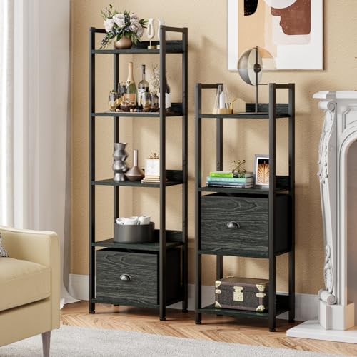 Furologee Black Oak 5-Tier Narrow Bookshelf with Drawer - Tall Storage Rack