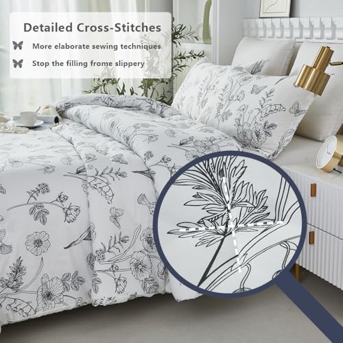 Usfivefam King Size White Floral Comforter Set with Butterfly & Bird Toile Patterns - 3 Piece Lightweight Soft Microfiber Botanical Print Quilt Set for All Seasons