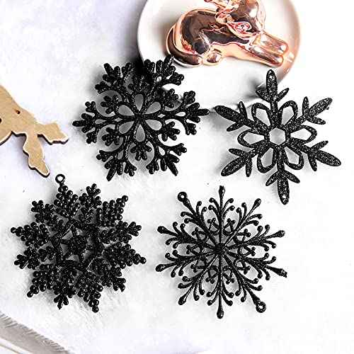 Glitter Snowflake Ornaments, Black Snowflakes Halloween Christmas 40pcs Hanging Decorations for Xmas,Holiday and Party