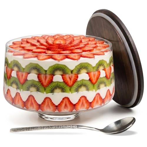 155oz Large Trifle Bowl with Lid & Silver Serving Spoon - Decorative Glass Dessert Bowl with Acacia Wood Cover