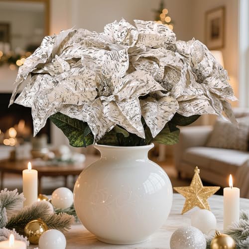 Poinsettia Artificial Flowers, 16-Piece 17in Glitter Christmas Bouquets for Indoor Outdoor Decor