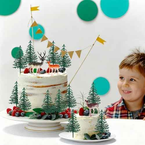 15PCS Deer Cake Topper Tree Cake Topper Christmas Cakes Decorations with Mini Tree Deer Figurine for Kids Birthday Party Decorations Hunting Themed Decor Christmas Party Favor