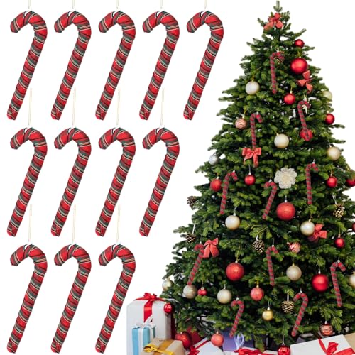 12 Pcs Red Farmhouse Plaid Candy Cane Christmas Ornaments - Holiday Decor