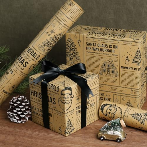 BIOBROWN Christmas Wrapping Paper Newspaper Roll with Santa & Tree Design, 17x33ft