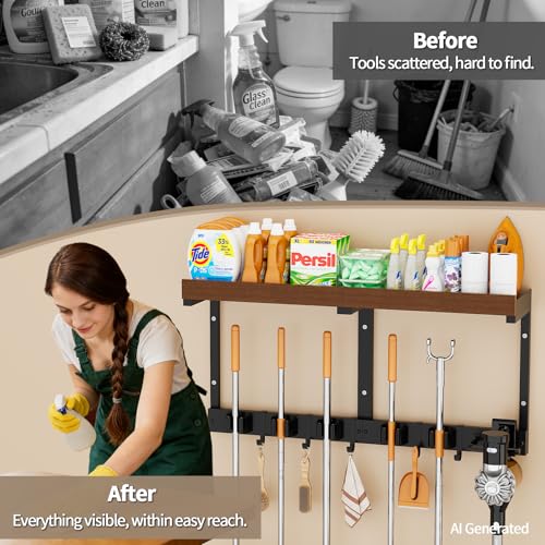 Wall-Mounted Broom and Mop Organizer with Shelf - Black