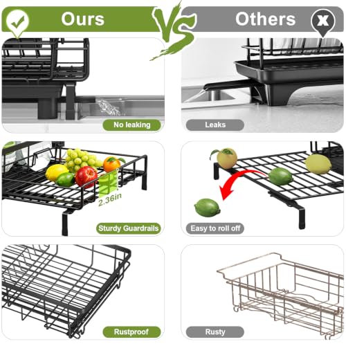 Extendable Dish Drying Rack - Large Capacity Kitchen Organizer, Black