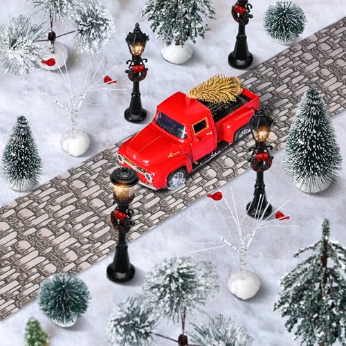 Aoriher Christmas Village Figurine Set with Miniature Snow Trees & Streetlights - 15 Pieces