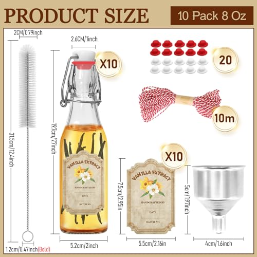 NVioAsport Square 8oz Glass Vanilla Extract Bottles 10 Pack with Lids & Funnel