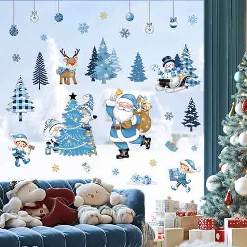 Decalmile Blue Santa Claus Christmas Window Wall Decals Pine Trees Reindeer Gnome Sticker Snowflake Snowman Clings Party Showcase Decorations