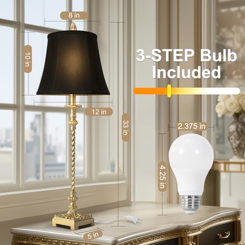 33-Inch Vintage Table Lamp Set of 2 - Gold Leaf Finish with Black Linen Shades — Elegant European Style for Living Room Bedroom