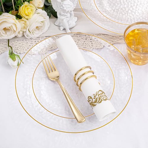Clear Gold Plastic Dinnerware Set for 25 Guests - Hammered Plates & Cutlery