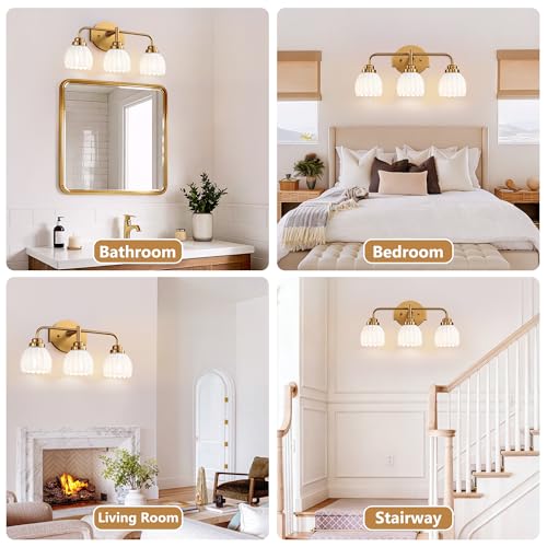 Gold Bathroom Light Fixture 3-Light Vintage Vanity Over Mirror - Brush Gold & Milk, 19.2 Inch