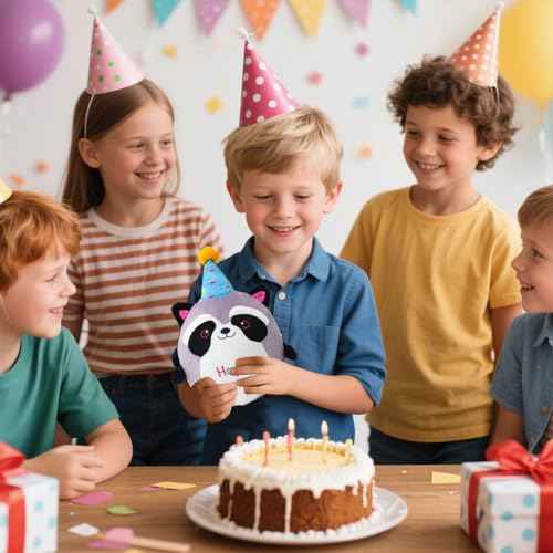 Raccoon Plush Toy 10 Inch Cute Birthday Stuffed Animal Soft Raccoon Plushies Pillow Wear Unicorn Birthday Hat Kawaii Cartoon Doll Gifts for Kid Toddlers Home Room Decoration