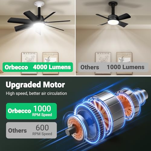 Orbecco 28-Inch Black Ceiling Fan with Light, 4000LM 6-Speed Reversible LED Fixture