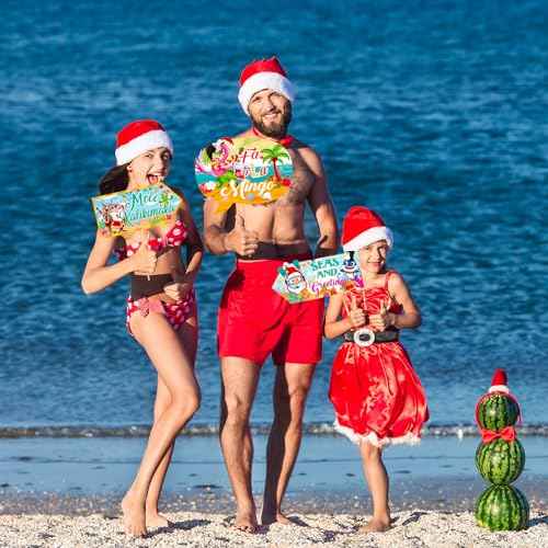 HOWAF 20pcs Funny Tropical Christmas Party Sign, Hawaii Christmas Decoration Directional Sign, Beach Santa Holiday Party Photo Booth Props Kit, Beach Santa Holiday Party Sign with Wood Sticks