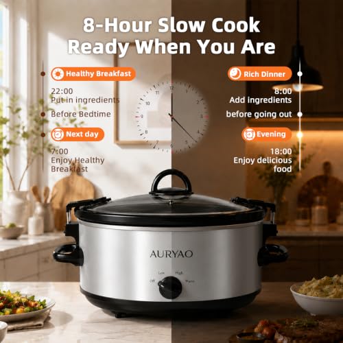 AURYAO Silver 6 Quart Slow Cooker with Locking Lid & Removable Stoneware