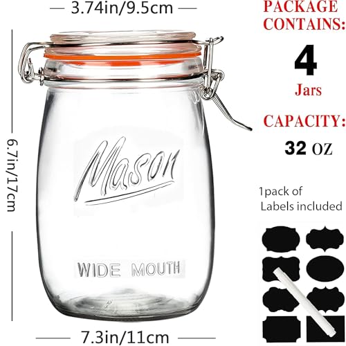 32Oz Glass Food Storage Jars Set of 4 with Airtight Hinged Lids - Wide Mouth Kitchen Containers