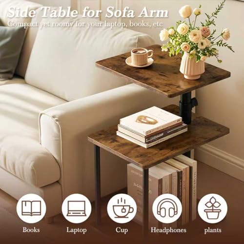 Faesun Adjustable 360° Swivel C-Shaped Side Table with Storage - Rustic Brown, Standard / Rich Edition