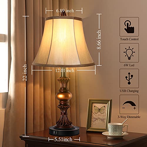PARTPHONER Bronze Touch Control Vintage Bedside Table Lamps Set of 2 with USB Ports