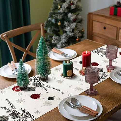 Red Pine Trees Merry Christmas Table Runner, Snowflake Table Runner, Seasonal Winter Decoration for Home Kitchen Dining Holiday Decor 13x72 Inch