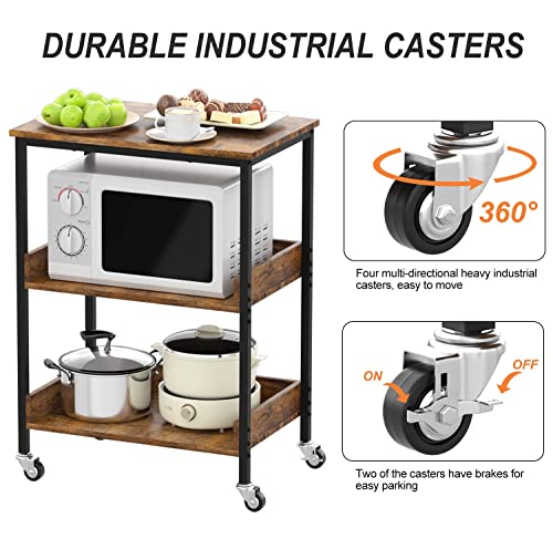 31-Inch High 3-Tier Rolling Kitchen Microwave Cart with Storage and Hooks