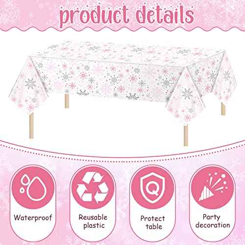 Jecery 3 Pcs Winter Snowflake Tablecloth Birthday Party Decorations Winter Snowflake Wonderland Plastic Table Cover Cloth for Kid Girl Birthday Baby Shower Party Supplies (Pink)