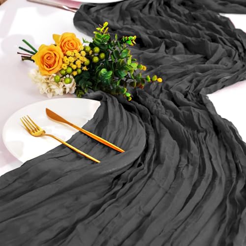 Black Table Runner Cheesecloth Spring Summer 10FT Long Boho Gauze Cheese Cloth Table Runners for Wedding Party Baby Shower Birthday Sheer Halloween Table Decorations