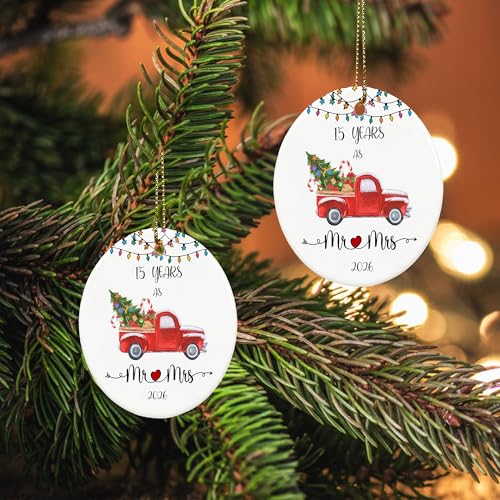 15 Year Anniversary Ornament 2026 – Mr & Mrs Gift, 2.9" Ceramic Keepsake (Double-Sided) – Chiranrise