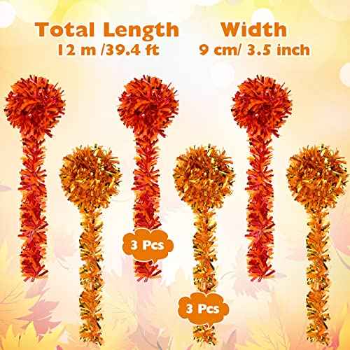 Sumind 6 Pcs 39.4ft Thanksgiving Tinsel Garland Orange Glittering Fall Metallic Hanging Garland Decoration for Halloween, Autumn, Thanksgiving Party Decor