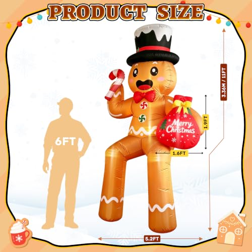 CORALMEE 11FT Sitting Gingerbread Man Christmas Inflatable with Top Hat, Candy Cane & Gift Bag (Outdoor Decor)