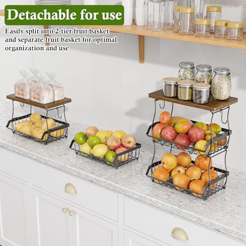 OKZEST 3-Tier Under-Cabinet Fruit Basket with Wood Top, Black, 16.8"H