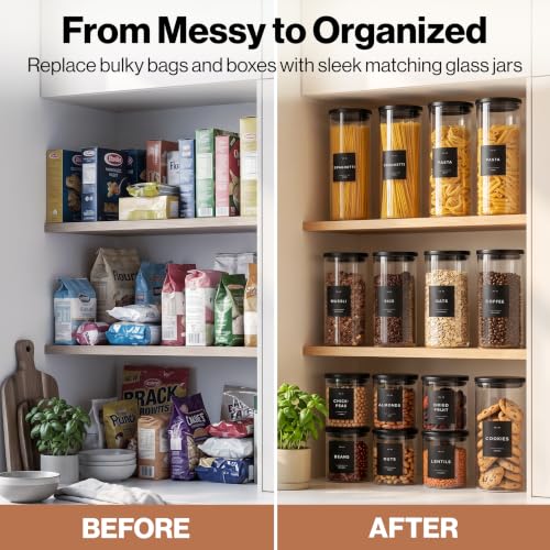 EDELHAUS 5 Pack Glass Pantry Storage Jars with Black Lids & Labels - Airtight Food Containers