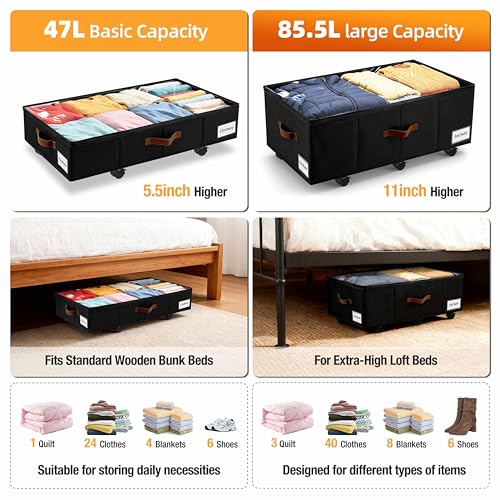 VatFott Black 2-Pack Under Bed Storage with Wheels, 11-inch Dorm Organizer