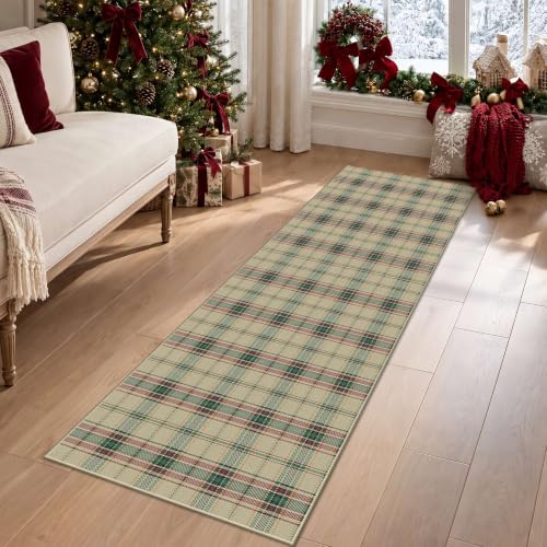 Rugxara Green Christmas Checkered Runner Rug 2x5, Washable Holiday Decor