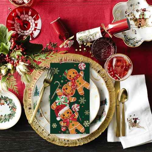 Horaldaily 50 Christmas Disposable Paper Decorative Guest Napkins, Green Gingerbread Man Cane Candy Hand Towel for Party Lunch Dinner Kitchen Bathroom