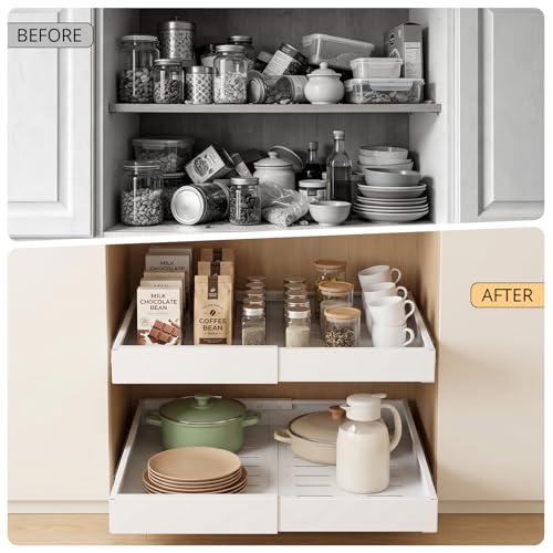 White Expandable Pull Out Cabinet Organizer - Adjustable Width 12.4-20.27 Inches, 4 Pack