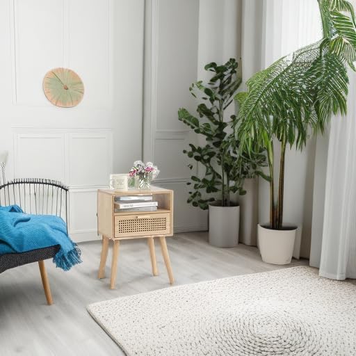 MaxSmeo Modern Nightstand with Rattan Drawer - Natural Walnut Finish - Small Space Bedroom & Living Room Side Table with Storage & Solid Wood Legs - Easy Assembly