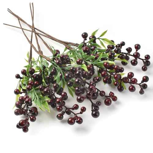HUIANER Artificial Berries, 6Pcs Lifelike Dark Red Berry with Stems Fake Christmas Fruit Simulation Flowers Orange Berries for Wedding DIY Bridal Bouquet Home Kitchen Party Decoration