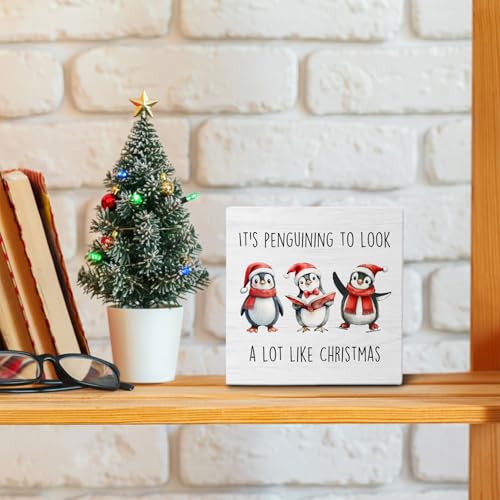 Penguin Christmas Wood Box Sign, 5x5 Inch Desk & Wall Decor