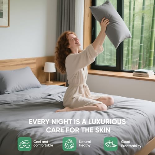 Queen Size Bamboo Viscose Bed Sheets Set with Deep Pockets - Gray, Silky Soft & Breathable