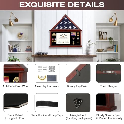 Military Flag Display Case - Pentagon Mahogany for 5' x 9.5' Flag - Wall & Table Mount