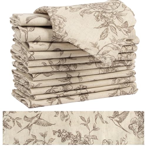 Flower Bird Vintage Cloth Napkins Set of 12 - Reusable Linen Cotton Dinner Towels for Weddings & Parties