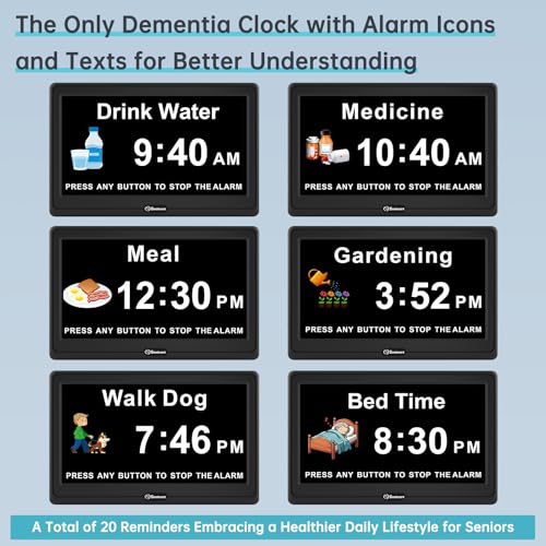 12” Black Digital Dementia Clock for Seniors with 20 Alarms & Auto Dimming