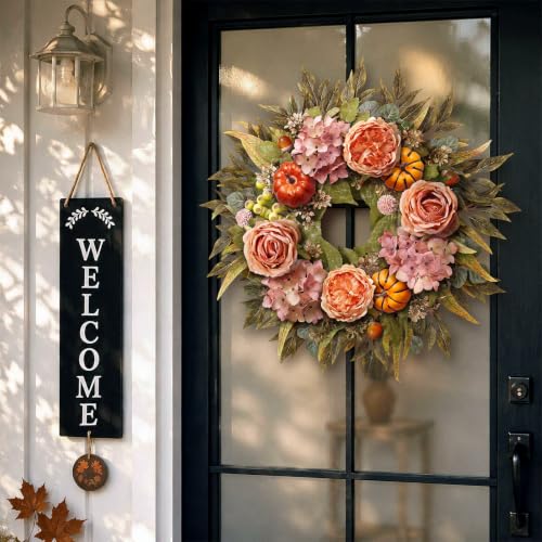 24 Inch Fall Artificial Hydrangea Pumpkin Wreath for Front Door Decor