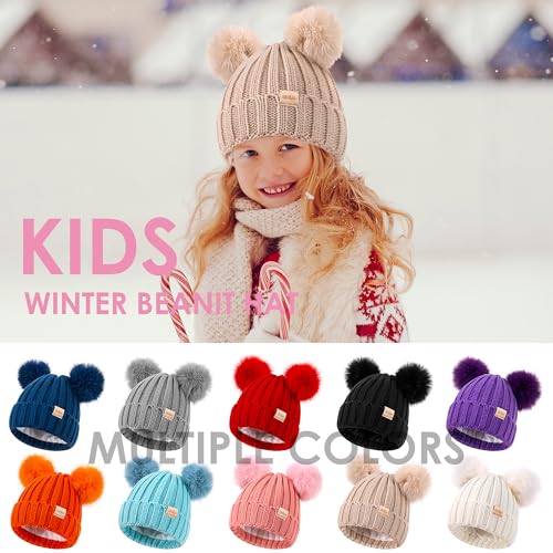 Tontuland Kids Winter Beanie Hat Beig e Pom Pom Fleece Lined Knit Cap for Boys & Girls