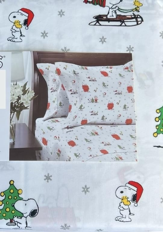 Berkshire Blanket & Home Co Peanuts Christmas Winter Themed Sheet Sets Twin White - Silver Snowflakes, Sledding, Doghouse W/Lights